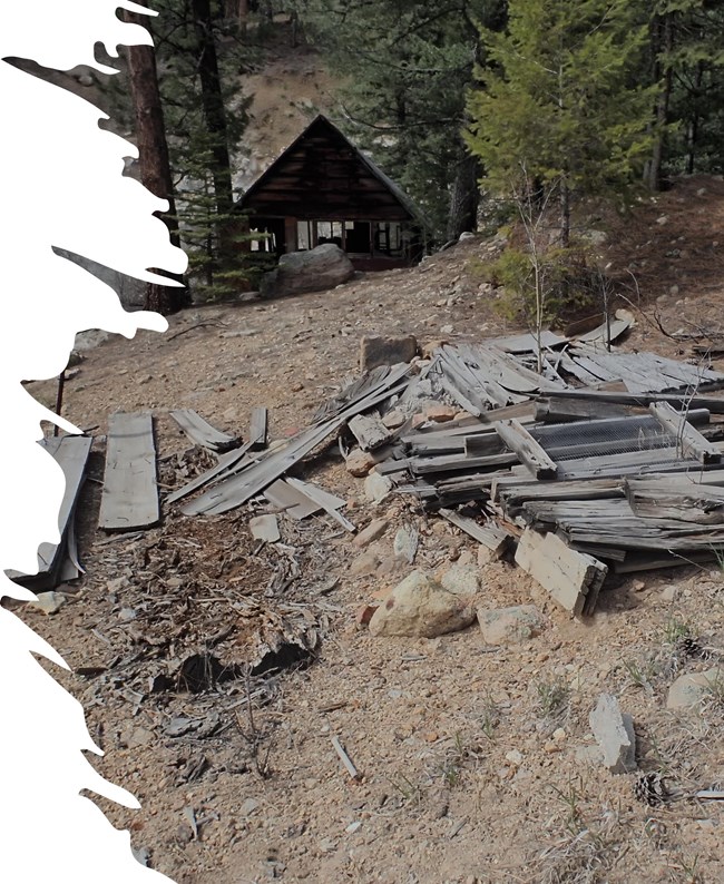 Sulfur Springs Mining Area abandoned cabin and wood debris at an abandoned mine site in the forest