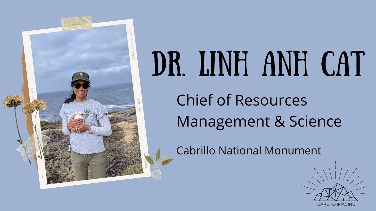 LAC_Bio Graphic woman on a rocky coast. Text reads Dr. Linh Anh Cat Chief of Resources Management and Science cabrillo national monument