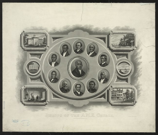 Portraits of Richard Allen and other African Methodist Episcopal (A.M.E.) bishops.