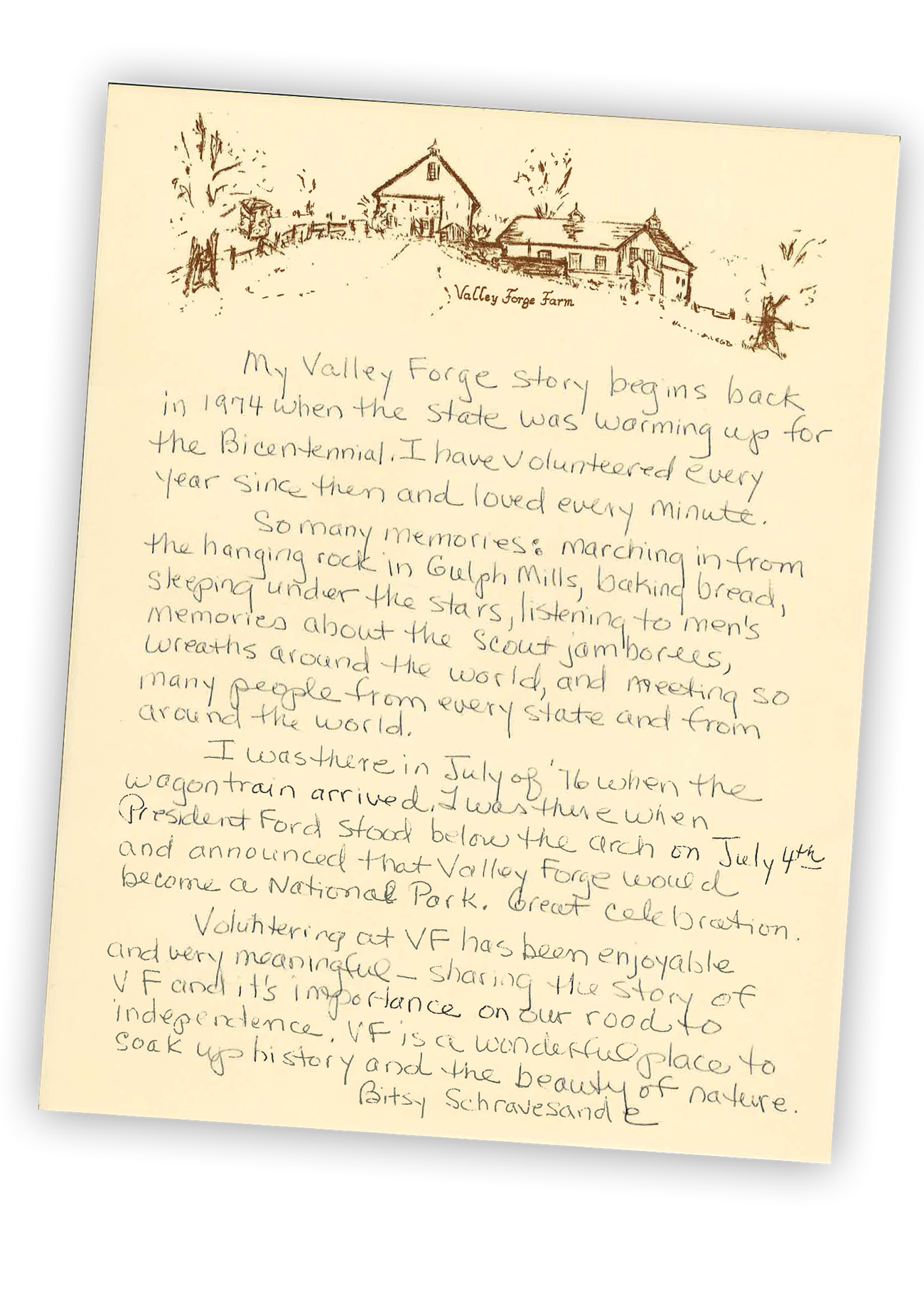 A hand written letter with illustrated letter head of a farm.