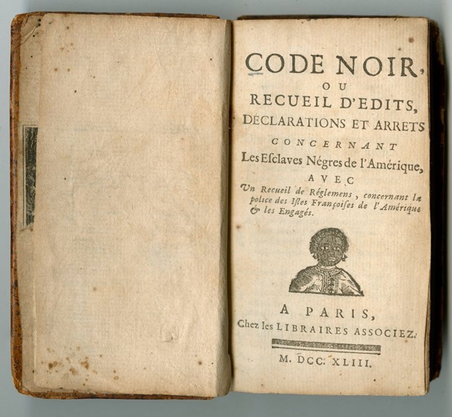 18th century book entitled "Code Noir" that features a drawing of a person of African-French heritage.
