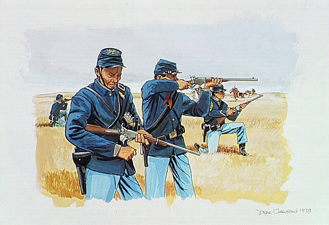 Black troopers in the midst of battle in a grassy field