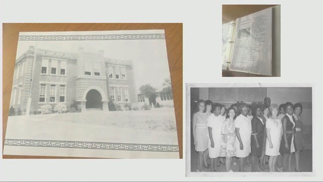 Facade of Blackshear, photo of the binder, and a photo of multicultural faculty. The Binder served source of information and history about Blackshear...so that the next principal would know what kind of legacy and history the campus had.