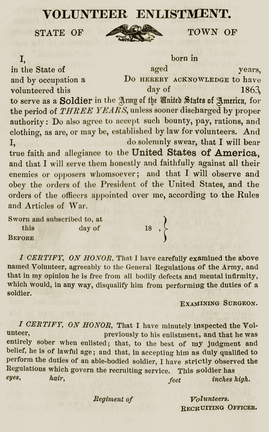 Blank Enlistment Form Civil War Volunteer enlistment form from the Civil War