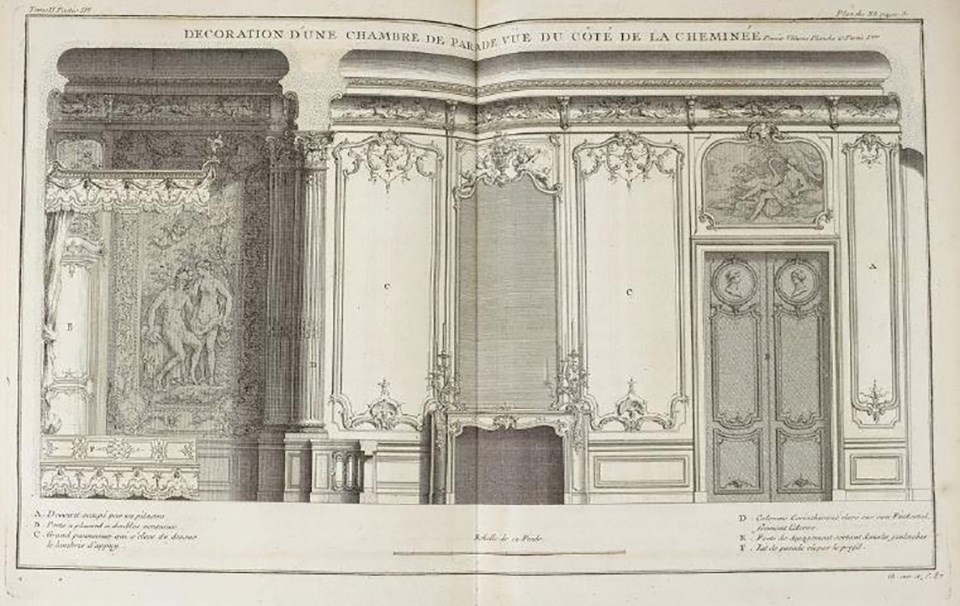 An engraved illustration of a room with fireplace.