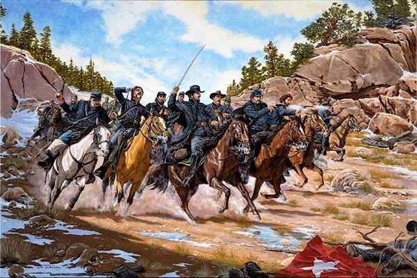 BloodgoodBattle of Glorietta Pass Men in army uniforms, riding horses, rocky terrain