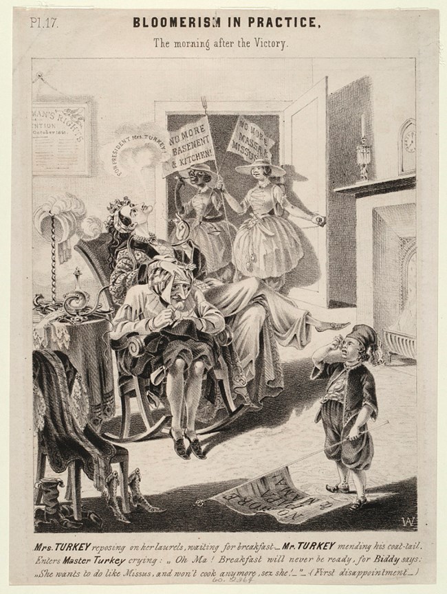 Bloomerism in Practice NMAH-2003-25159 drawing of chaos in a home while women leave to take part in politics NMAH