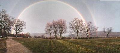 Rainbow over a field dotted with trees. A trail runs through the field.