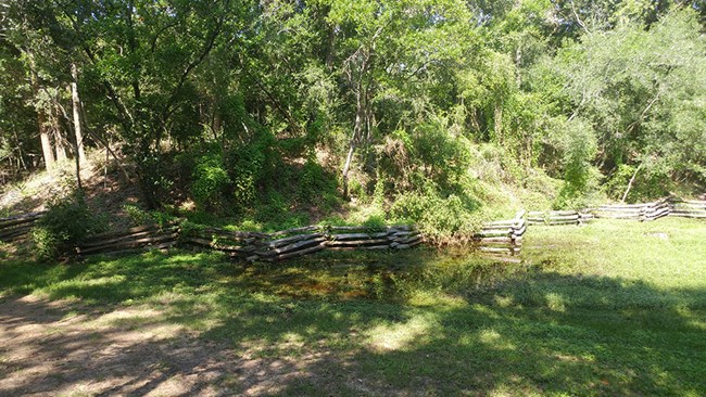 Earthen mound covered in vegetation behind wooden fence