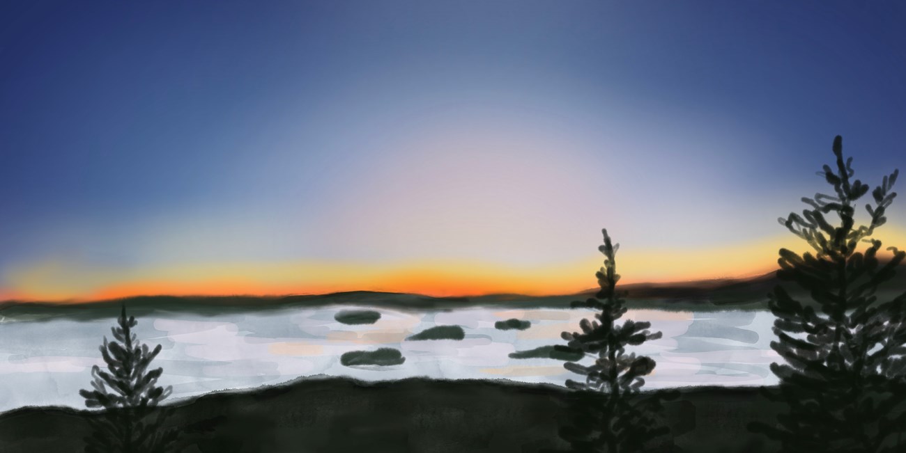 Image of an inside book spread featuring a panoramic illustration of sunrise as seen from a mountain summit across Frenchman Bay and the Porcupine Islands in the middle distance with silhouettes of pine trees in the foreground.