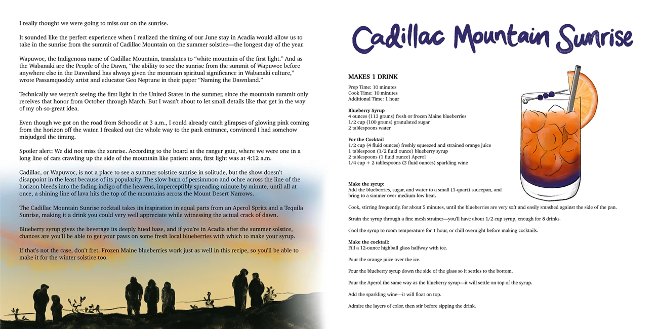 Image of a book spread. The bottom of the left page has an illustration of sunrise with silhouettes of visitors along a ridgeline. The right page has an illustration of a 12-ounce highball glass with a straw, ice cubes, orange liquid and an orange slice. Image of a book spread. The bottom of the left page has an illustration of sunrise with silhouettes of visitors along a ridgeline. The right page has an illustration of a 12-ounce highball glass with a straw, ice cubes, orange liquid and an orange slice.