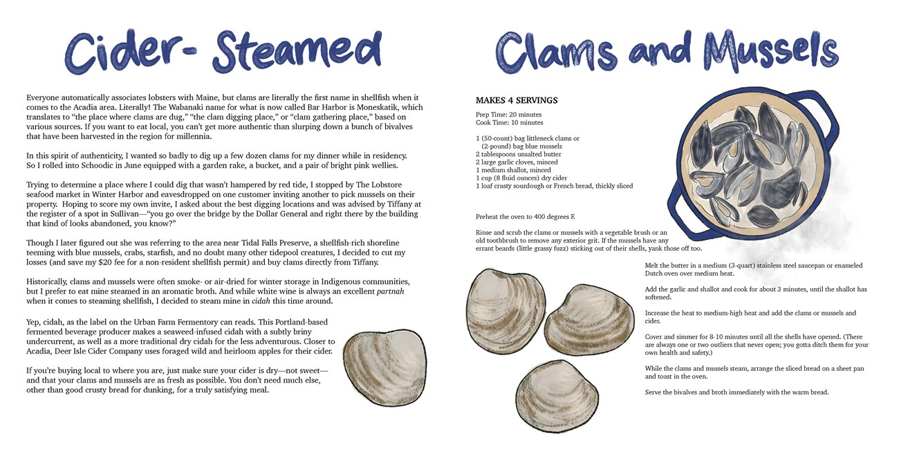Image of a book spread with illustrations of four clam shells along the bottom and a pot with open clams cooking inside in the top right corner.