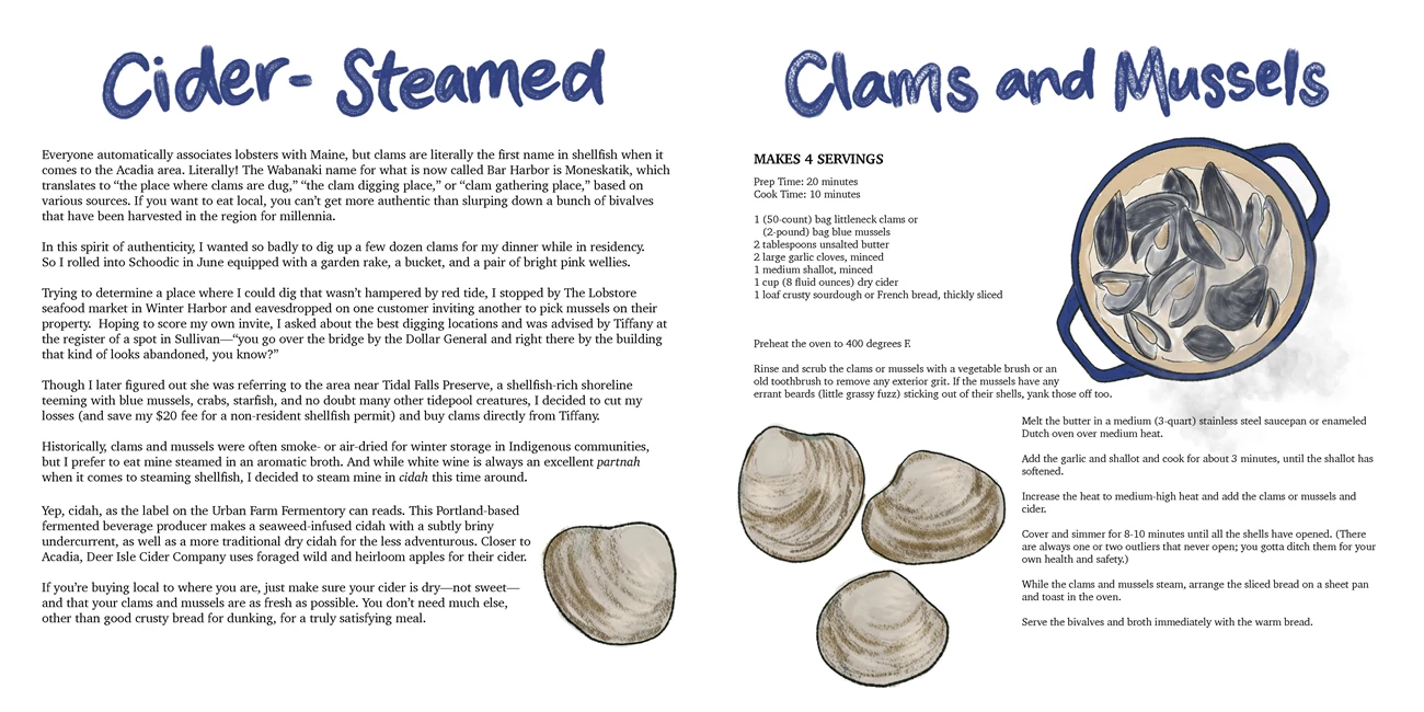 Image of a book spread with illustrations of four clam shells along the bottom and a pot with open clams cooking inside in the top right corner. Image of a book spread with illustrations of four clam shells along the bottom and a pot with open clams cooking inside in the top right corner.