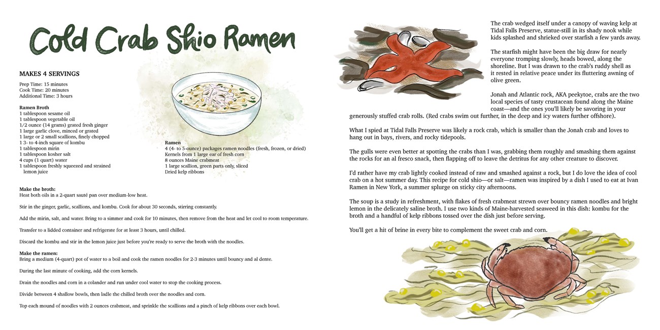 Image of a book spread. The left page is illustrated with a bowl with ramen inside. The right page has illustrations of a starfish and a crab.