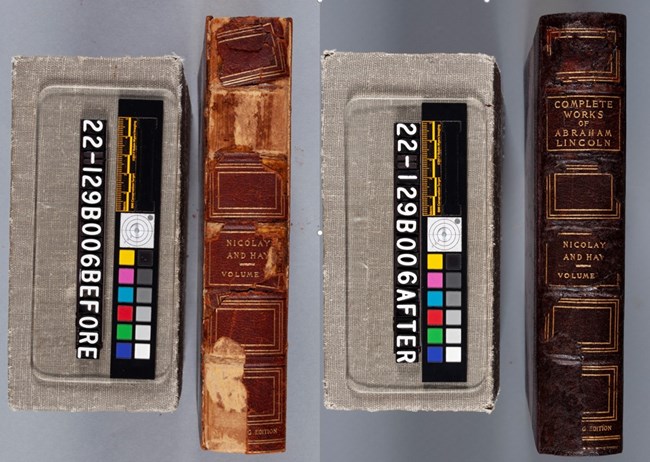 Photo of two old books side by side showing their conditions before and after conservation treatment