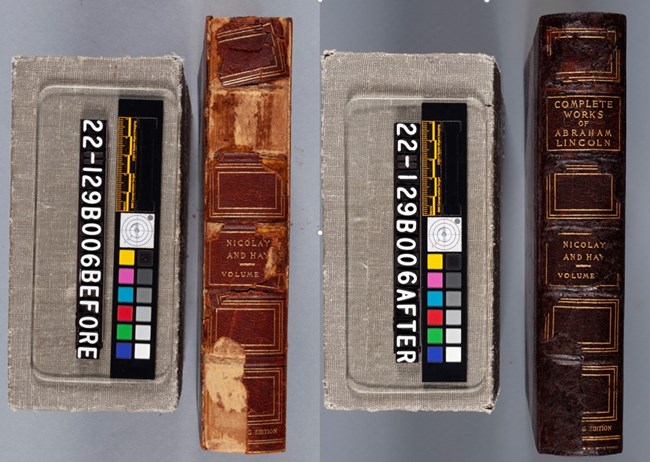 SAHI Book conservation Photo of two old books side by side showing their conditions before and after conservation treatment