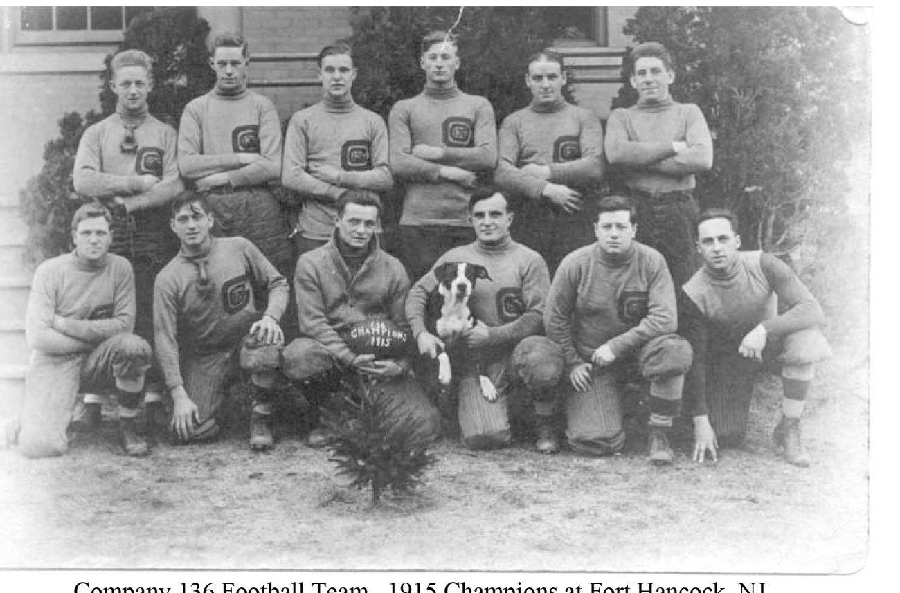 John Borris WW I soldier Photo of group of soldiers in football uniforms in front of building