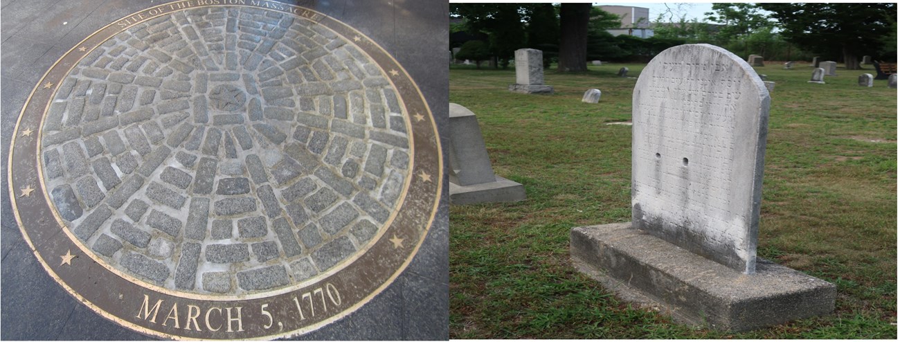 Boston and Saylesville Triptych Left: Circular assemblage of stones on the spot of the Boston Massacre. Right: A headstone with two bullet holes in the Moshassuck Cemetery