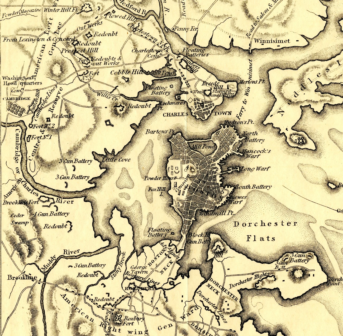 A 1775 map showing Boston and the surrounding area, including the fortifications of both the Continental and British armies.