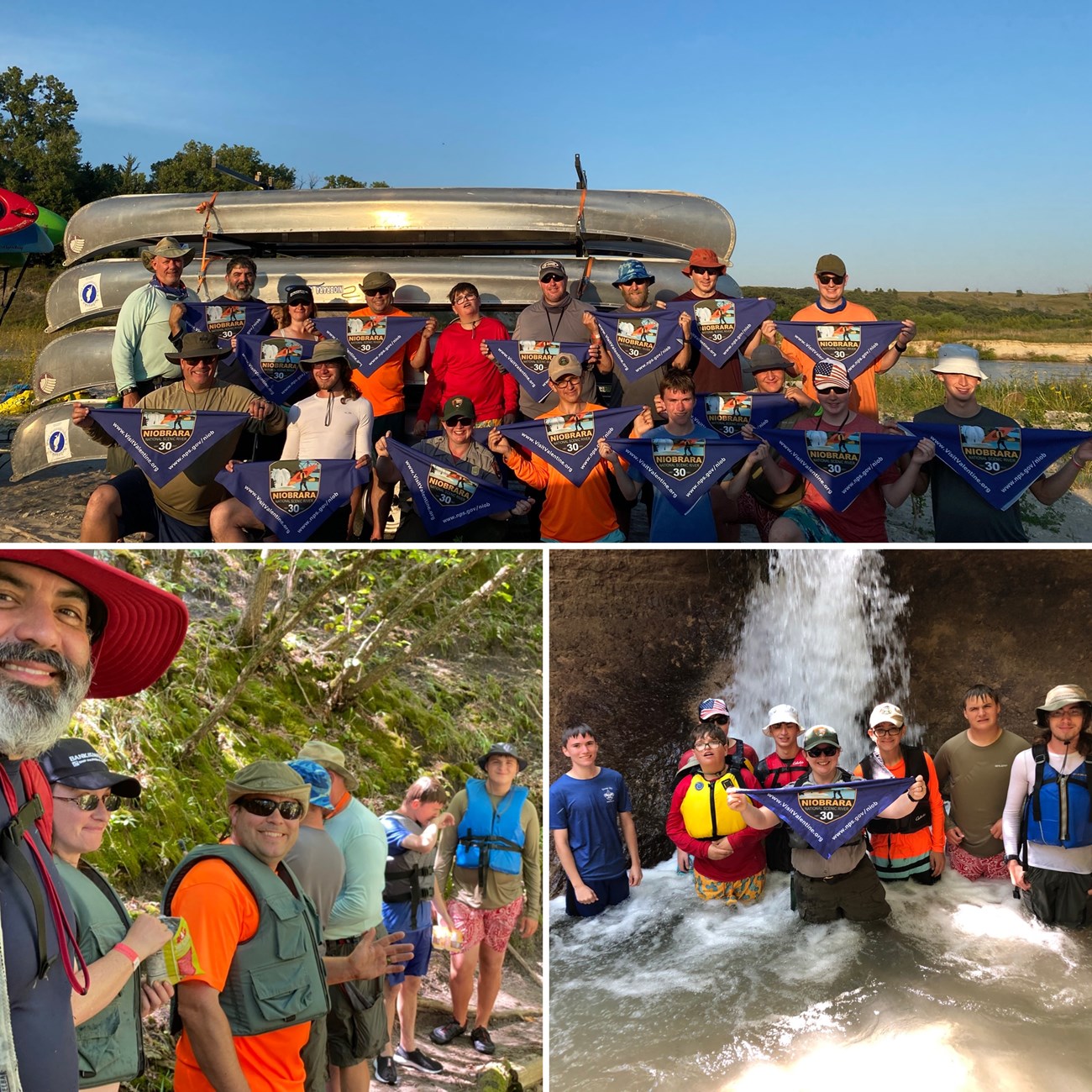 A compilation of three images showing a boy scot troop with their Niobrara River Challenge bandanas. Top image show the troop in front of canoes on a trailer, bottom left shows troop on the riverbank, and bottom right shows troop in front of a waterfall