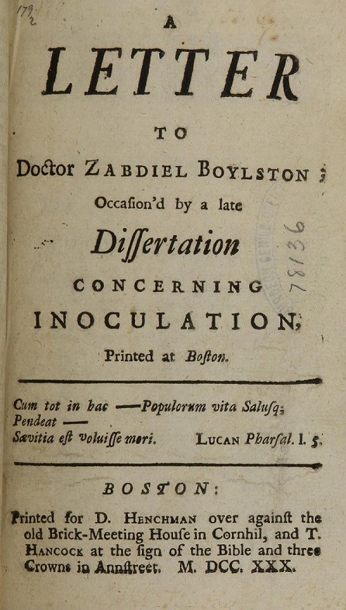 Printed letter about the Inoculation of Smallpox Debate in 1730
