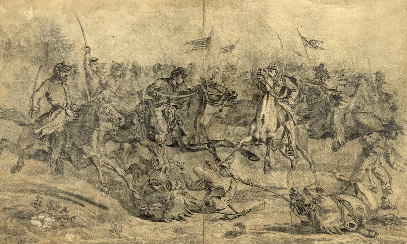 Pencil sketch of Civil War cavalry charge with men and horses fighting and on the ground.