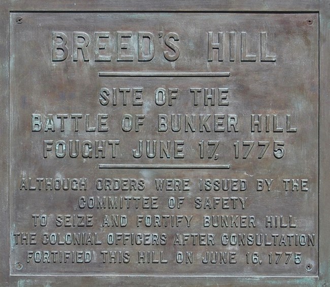 Plaque about Breed's Hill and fortification of the Battle of Bunker Hill.