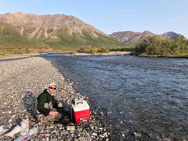 BrettFiltering_WrenchCreek_web A researcher filters water on a rocky shore along an Arctic river.