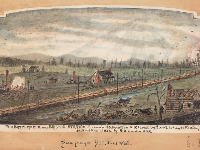 A hand-colored drawing of the town of Bristoe Station depicts destroyed buildings along the railroad line that cuts through the center of this war-torn Civil War landscape.
