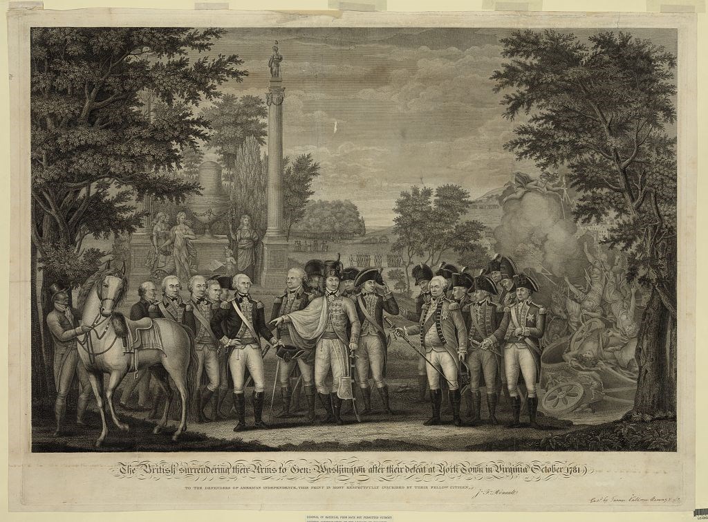 American and French leaders stand to the left, with British leaders to the right as the British surrender to French and American forces at Yorktown.