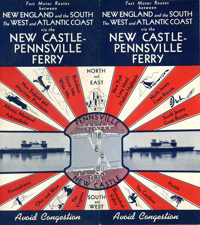 Brochure advertising New Castle-Pennsville Ferry as part of the fastest long-distance route along the East.