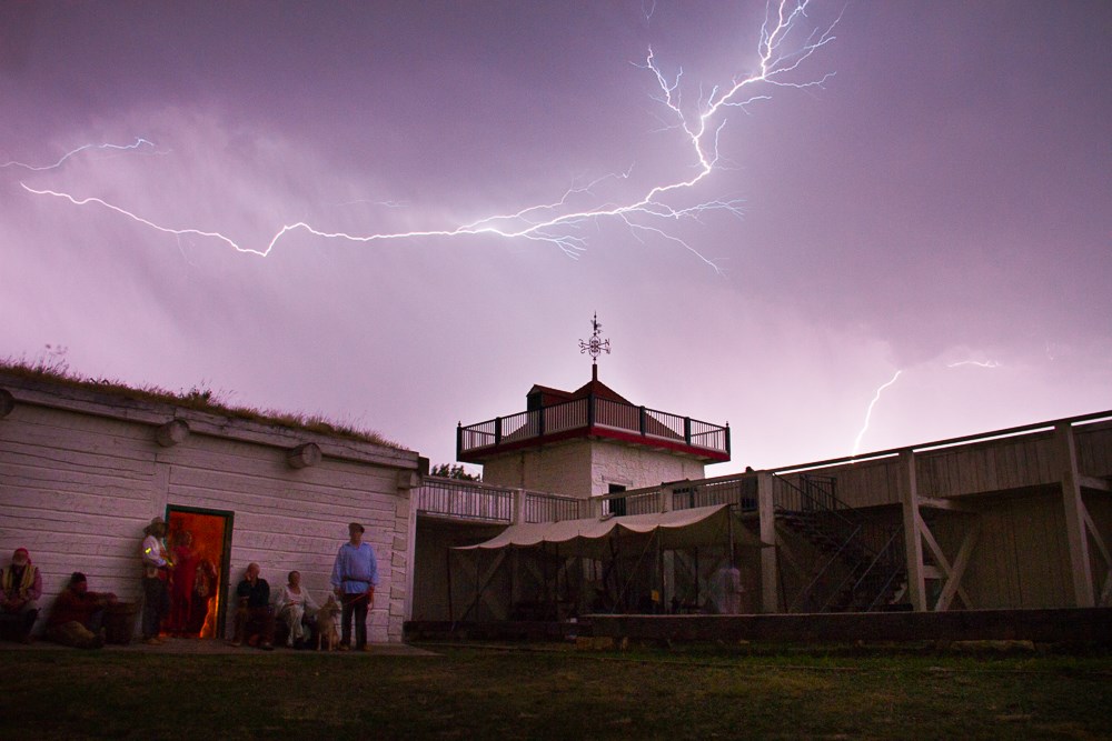 Lightning bolt illuminates the sky over fort Bastion and Wall.