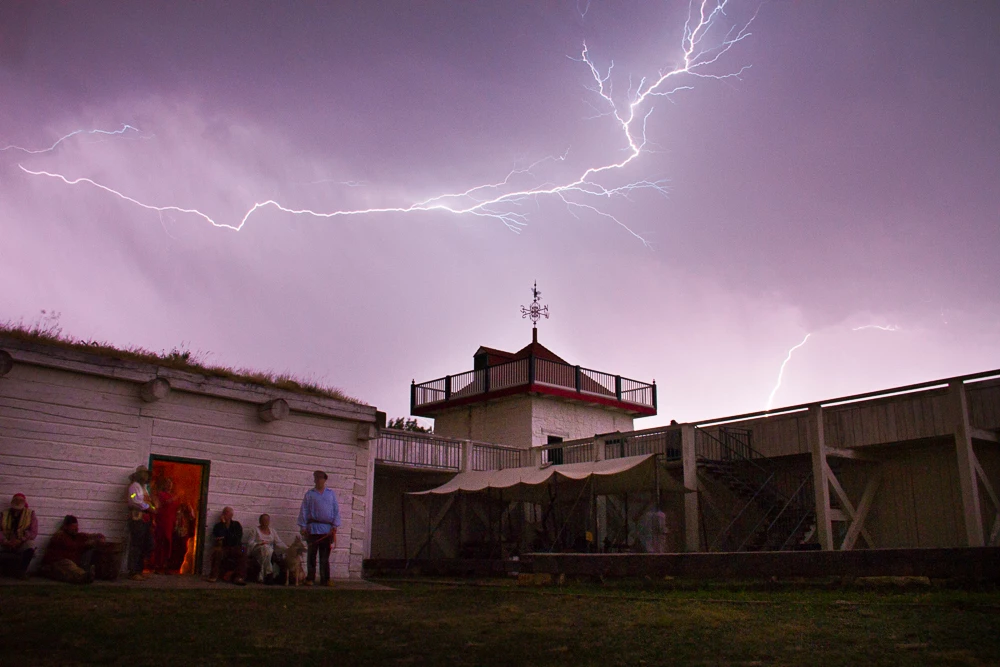 Lightning Strikes during Rendezvous 2016 Lightning bolt illuminates the sky over fort Bastion and Wall.