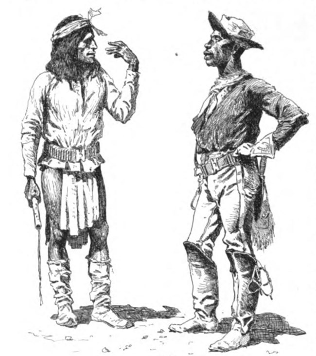 Illustration of two men communicating. One is wearing loose-fitting clothes and wearing a bandana; the other is wearing a widebrimmed hat, boots, and gloves