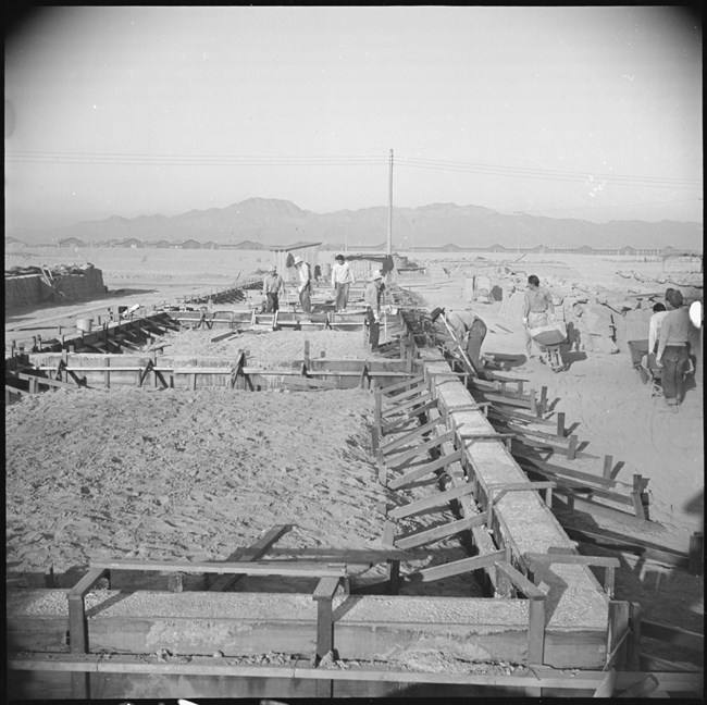 Japanese American men haul wheelbarrows and set up wood frames for the foundation of school buildings. The desert landscape, piles of adobe bricks, and the roofs of barracks are visible in the background.