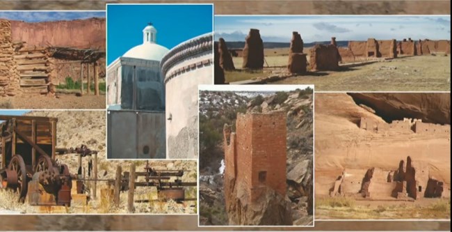 Collage of earthen, adobe, masonry, and wood structures.