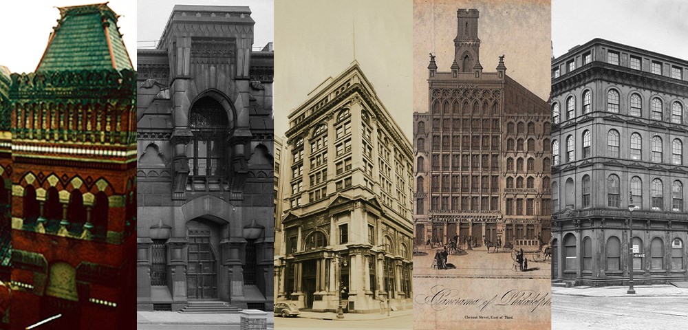 lt= Five photographs of tall buildings with arched windows.