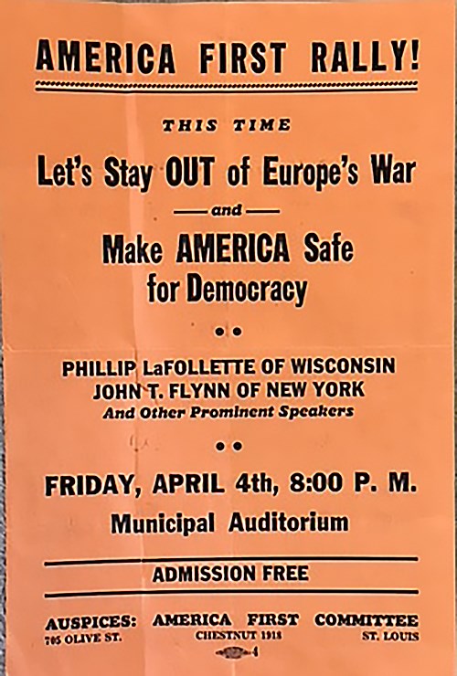 Black text on orange paper. Speakers include Governor of Wisconsin Phillip LaFollette, journalist John T. Flynn, and others. Free admission.
