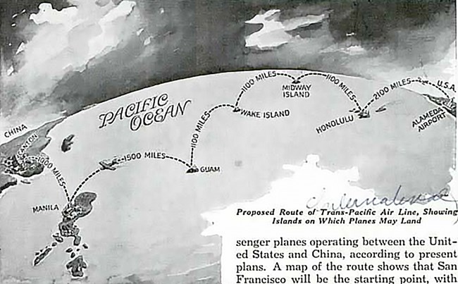 Black and white map shows the route from San Francisco to Honolulu (2410 miles) to Midway (1380 miles) to Wake (1260 miles) to Guam (1560 miles) to Manila (1600 miles) to Macao.
