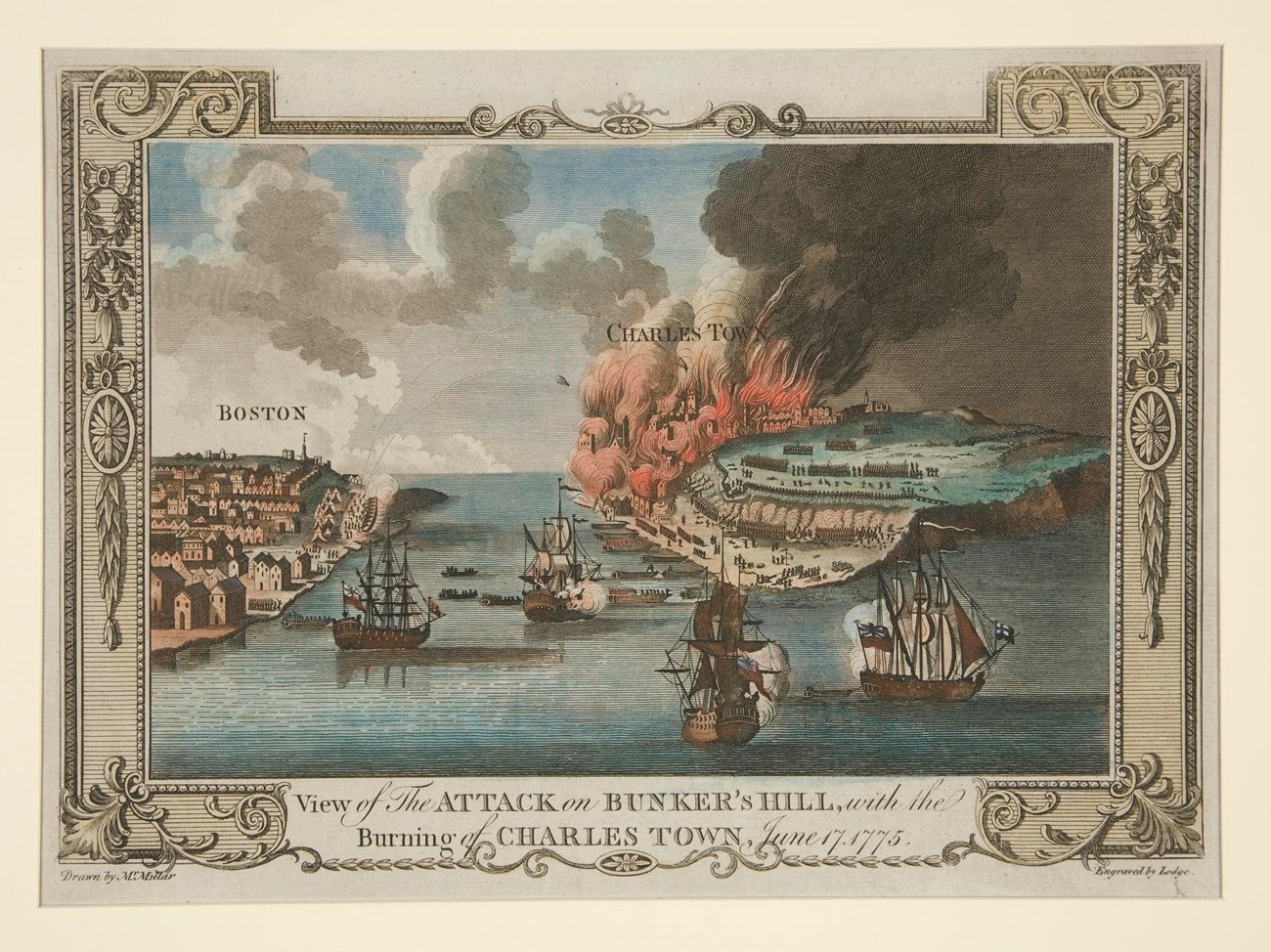 BunkerHill-YaleLibrary Engraving of Boston Harbor with Charlestown in flames to the right and British troops landing on the shore to storm Bunker Hill. Boston is to the right.