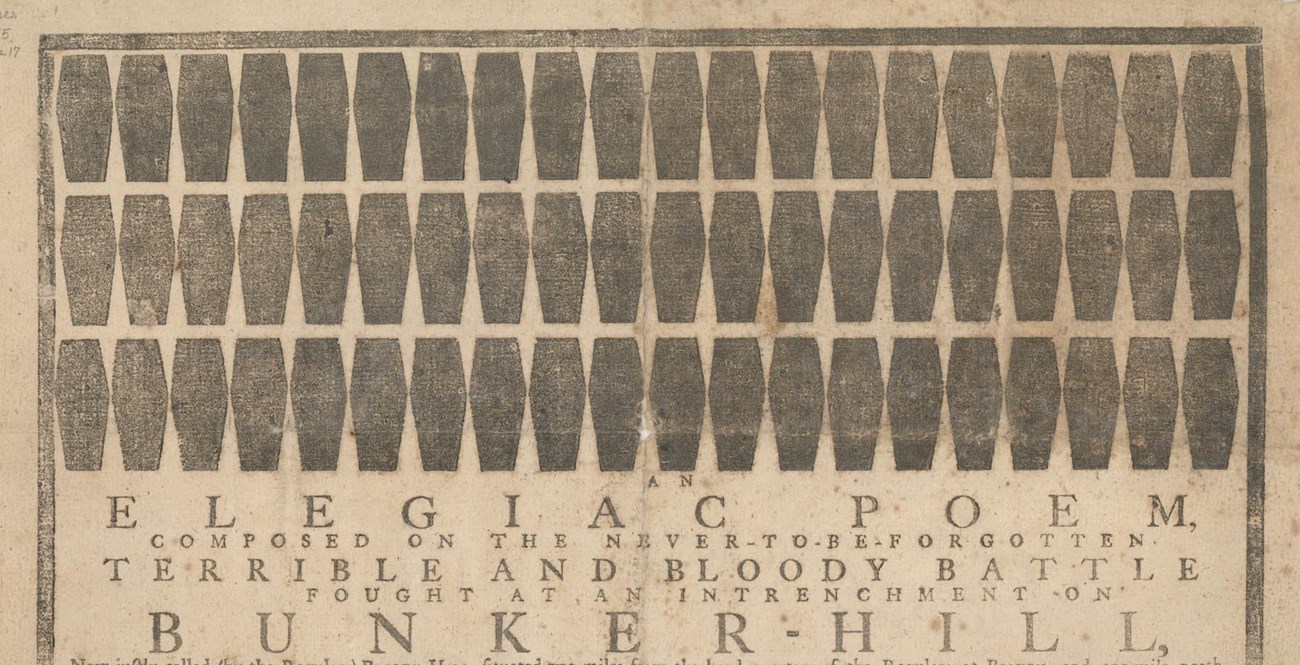 Printing of three rows of coffins marking the dead of the Battle of Bunker Hill.