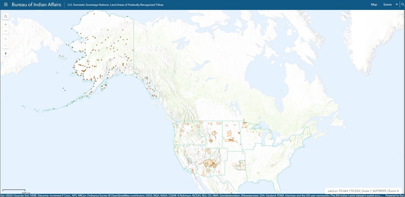 A map of North America with points and polygons; a cover image for the interactive data map at BIA.gov