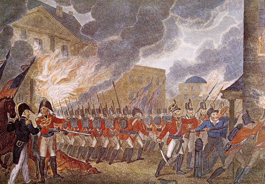 Painting of British troops marching in streets of Washington with flames consuming building behind them