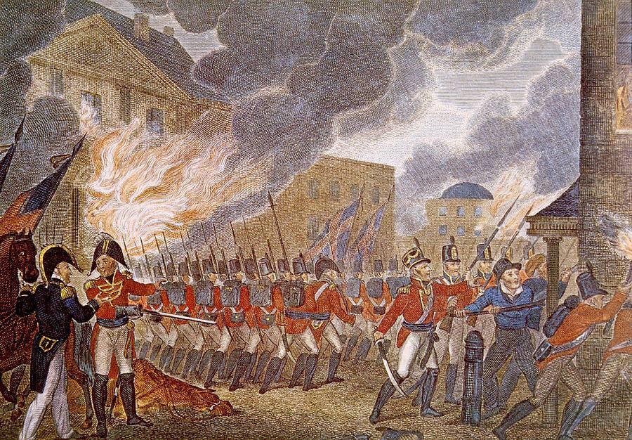 Burning of Washington Painting of British troops marching in streets of Washington with flames consuming building behind them