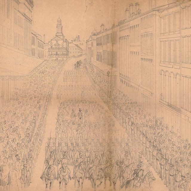 Sketch of Anthony Burns being marched down State Street surrounded by hundreds of federal officers and being watched by thousands of people.