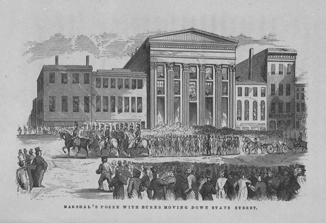 Print of men escorting an enslaved man down a city street.