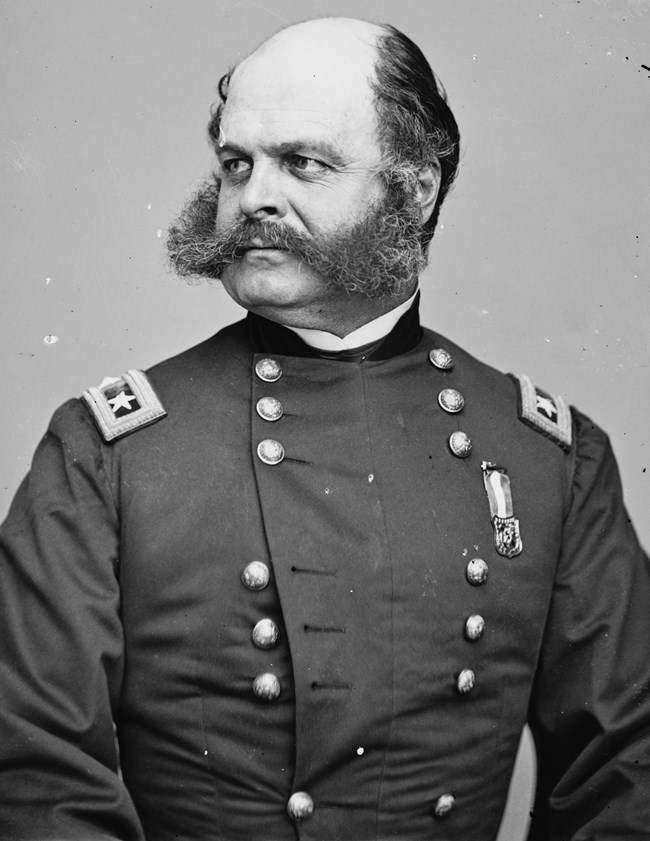 Black and white photograph of Ambrose Burnside in Unite States military uniform.