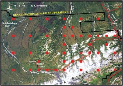 A map of the northern part of Denali National Park and Preserve, with a grid of red dots marking vegetation monitoring locations.