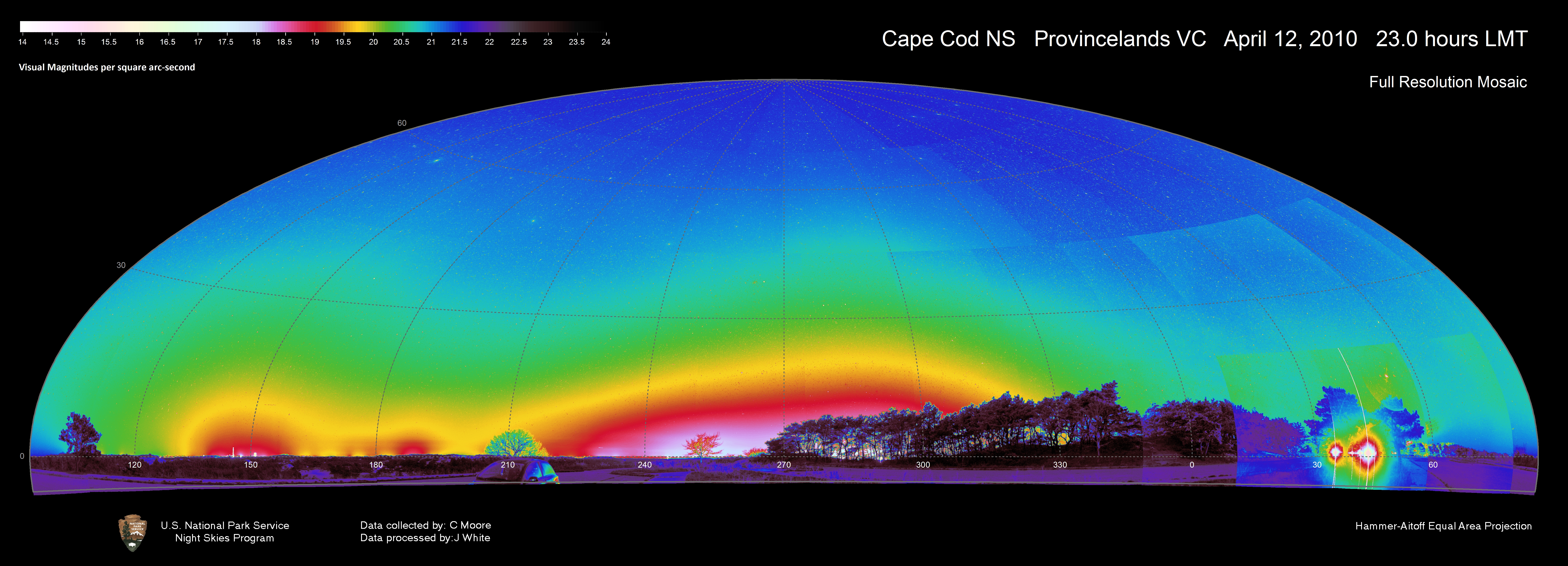 A rainbow of colors along a dome shaped view of a night sky light pollution image from the Province Lands Visitor Center.