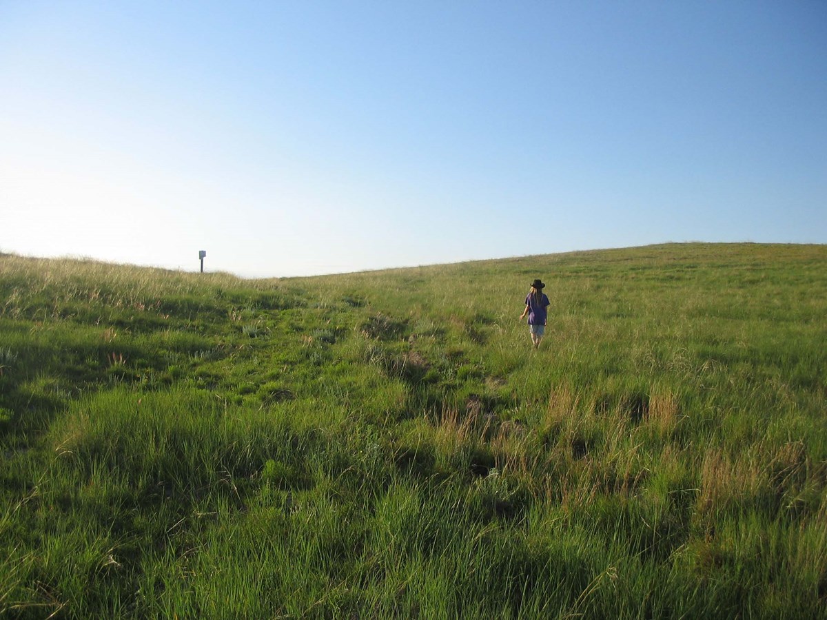 A person walks up a grassy hillside in what appears to be a drainage.